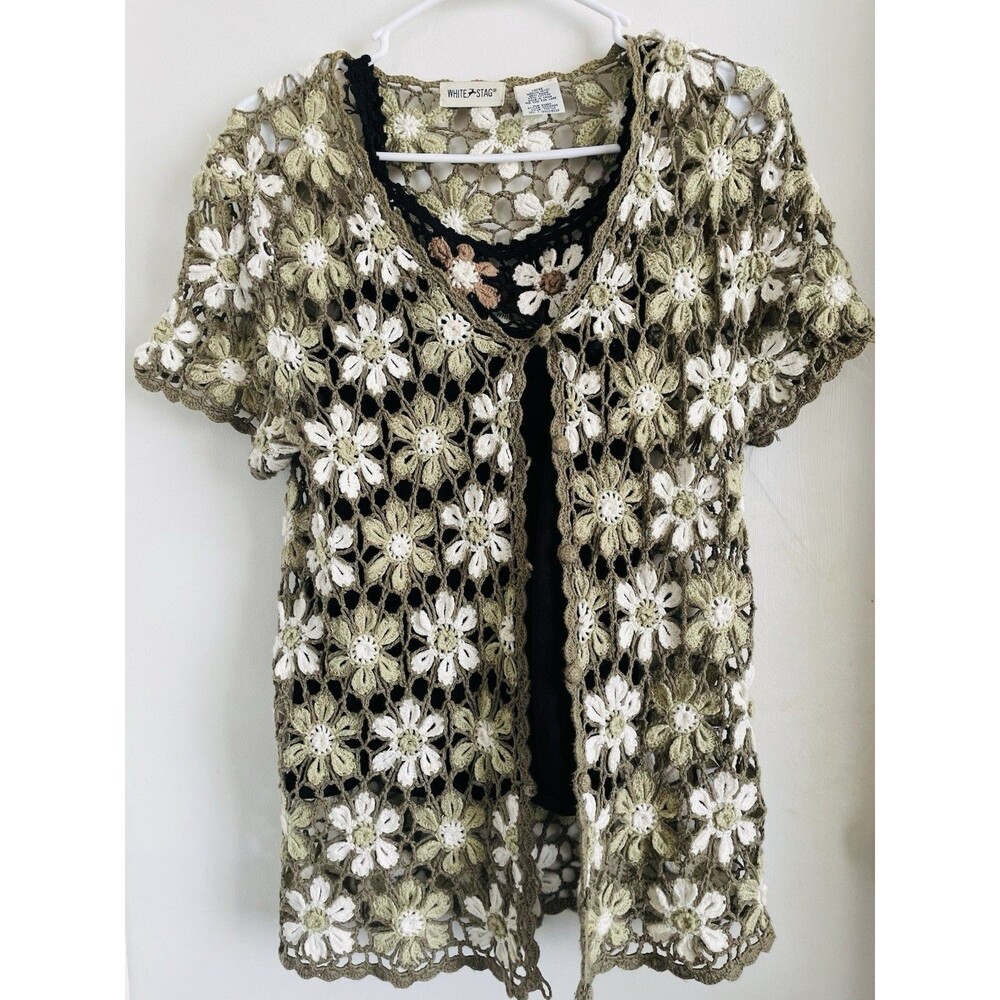 White Stag Women's S Green White Floral Crochet Open-Knit V-Neck Cardigan Ramie
